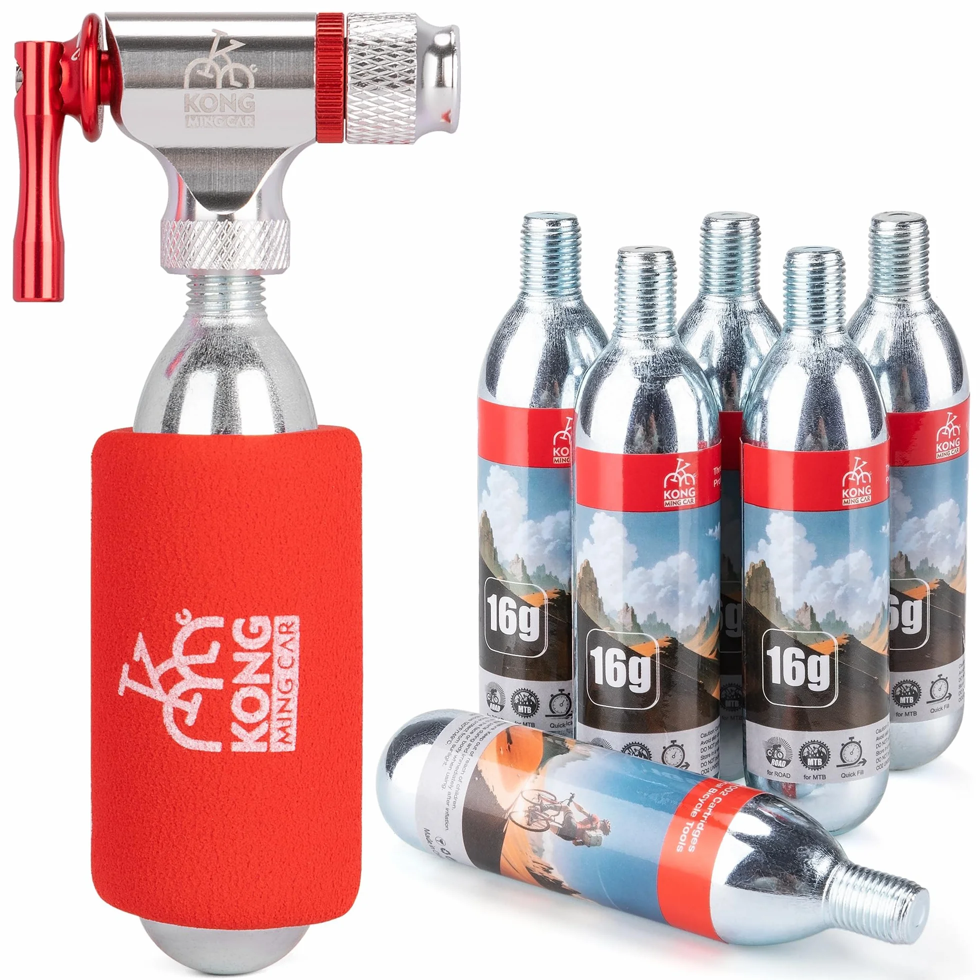 Juego de Inflador de CO2 para Ciclismo, 6 Cartuchos de CO2 de 16g/25g, Compatible con Válvulas Presta y Schrader, Bomba de CO2 para MTB y Bicicleta de Carretera