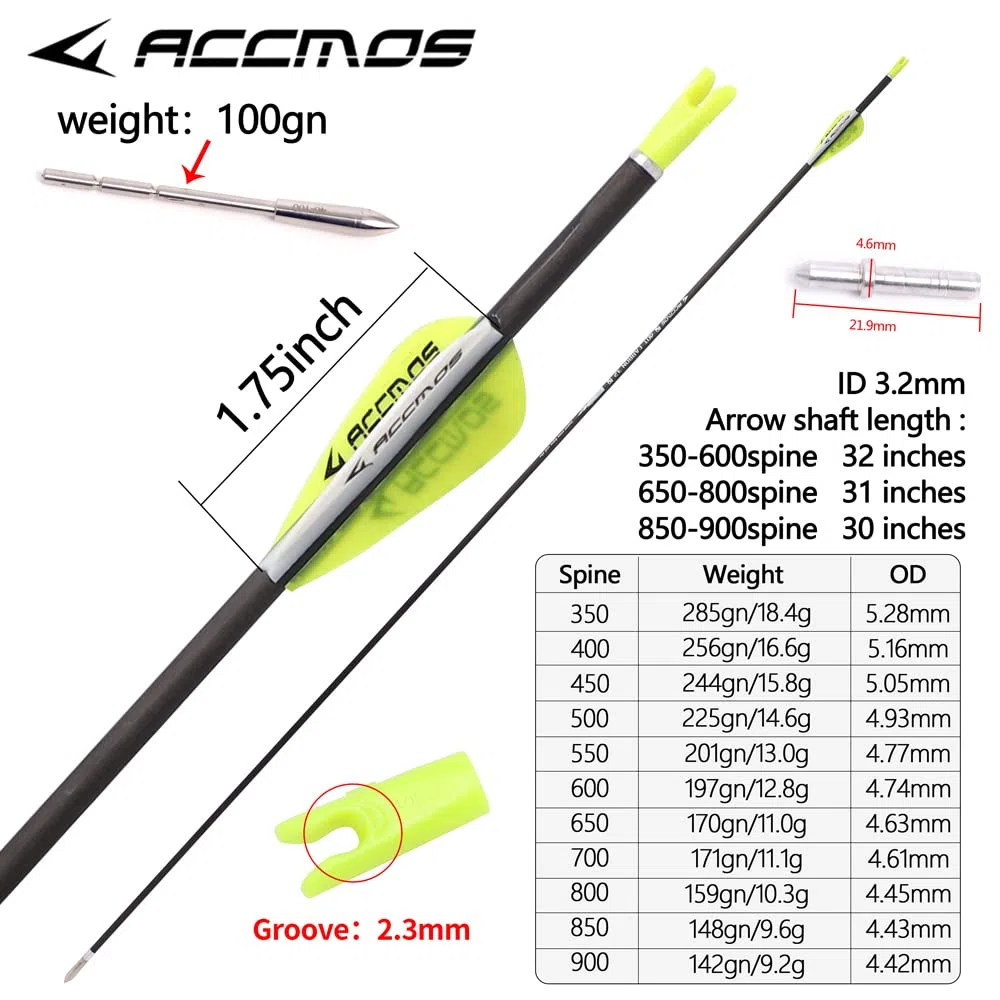 ACCMOS 12 pz Concurso Flechas de Práctica ID 3,2 mm 40T Flecha de Carbono Spine 350 400 450 500 550 600 650 700 750 800 850 900 1000 Tiro al Arco Flechas