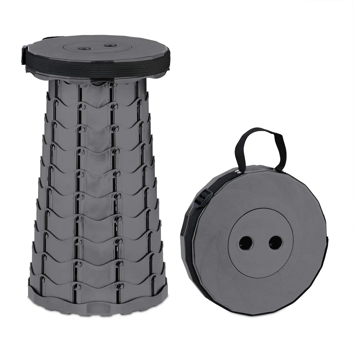 Relaxdays Taburete Telescópico, Banqueta Plegable Camping, con Correa, Altura Ajustable, 44,5x25x25 cm, Gris
