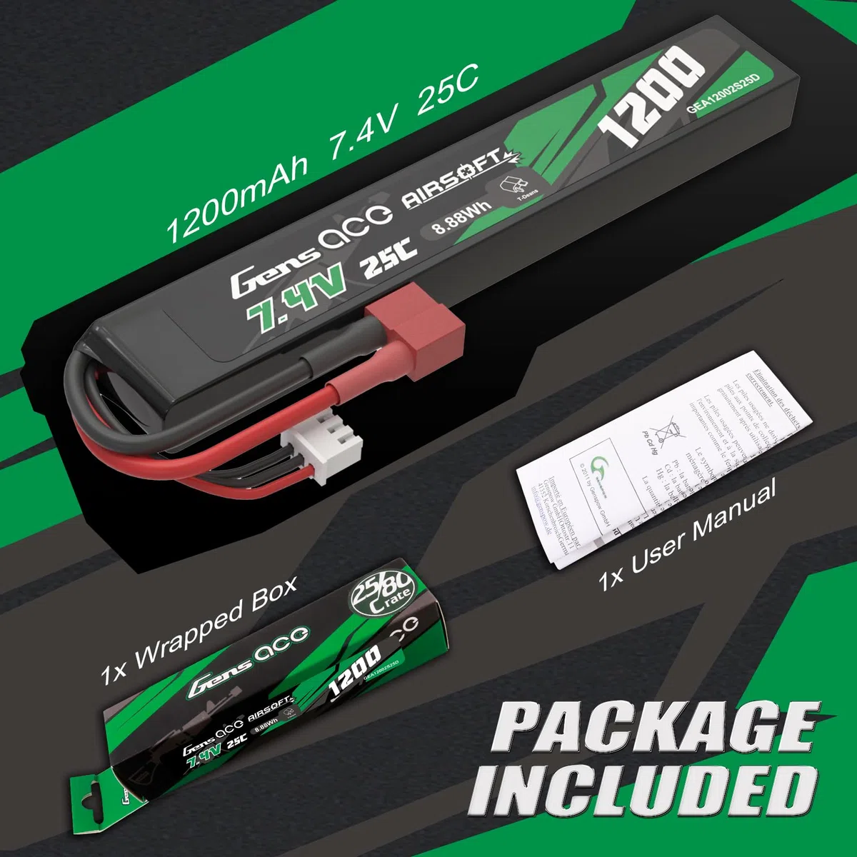 Gens Ace Batería LiPo 7,4 V 1200 mAh 25C 2S1P con Conector Deans (T-Deans), Compatible con Réplicas de Airsoft AEG
