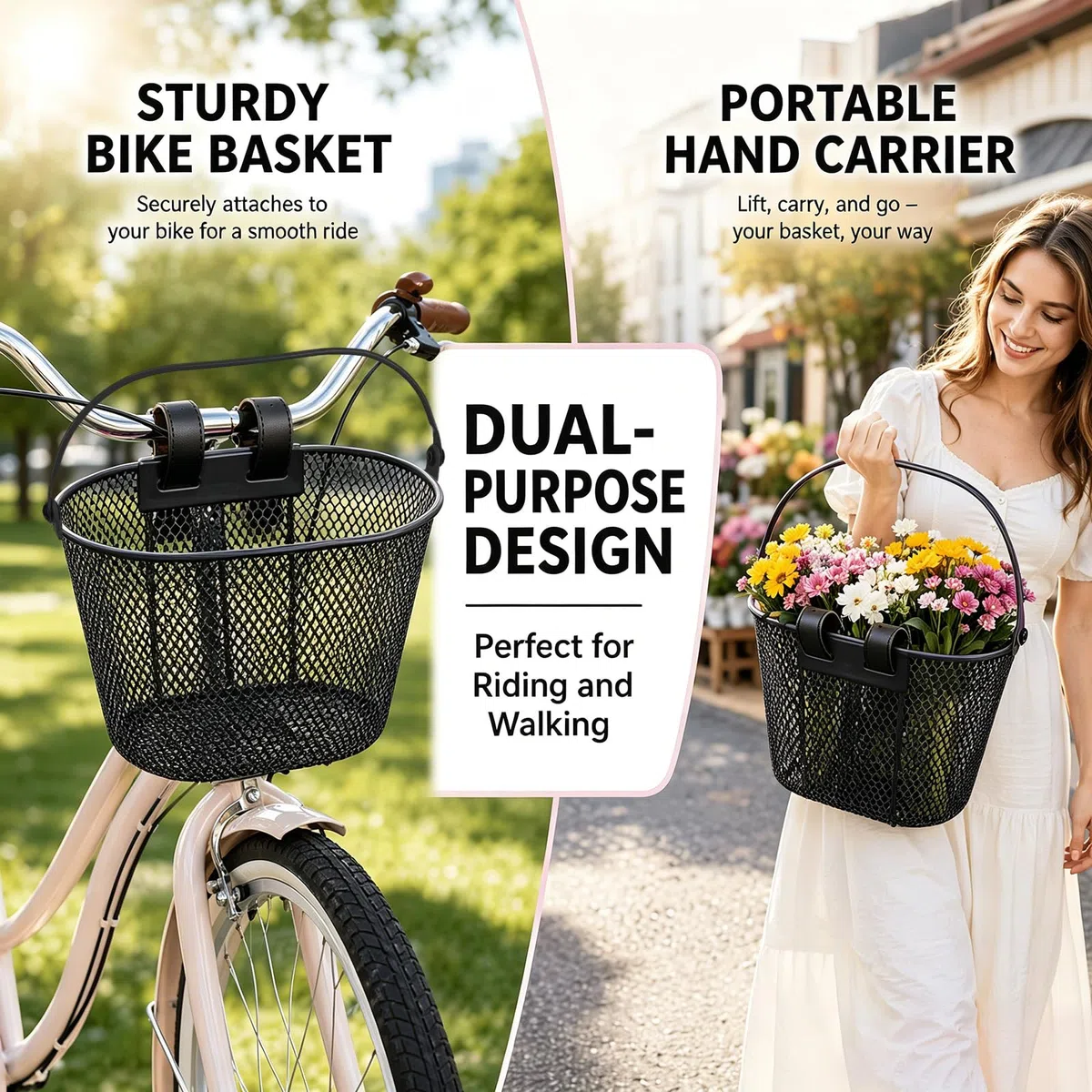Cesta para bicicleta infantil delantera de metal, cesta de manillar con correa de piel, cesta extraíble para bicicleta para niñas y niños, estable y ligera