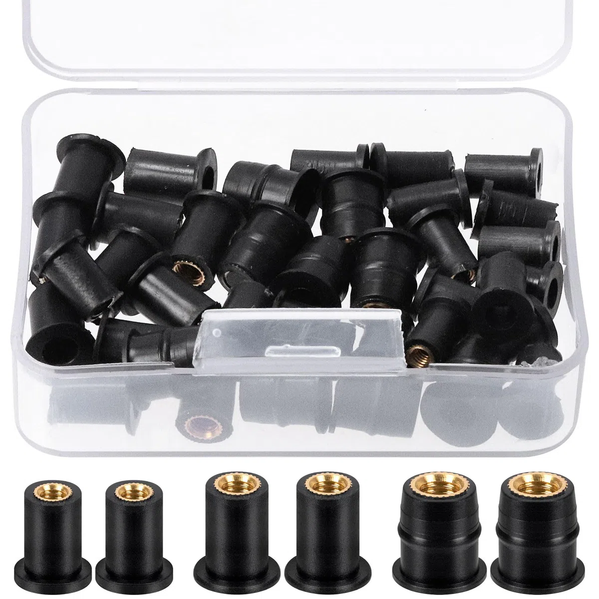 Glarks Juego de 37 tuercas de goma negras M4 M5 M6 de expansión de latón para carenado de parabrisas para canoa, barco, kayak