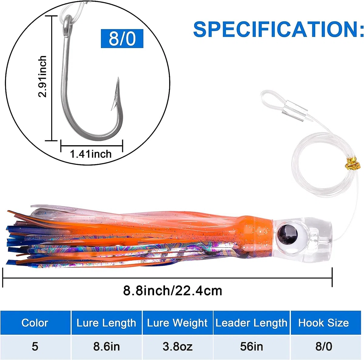 Señuelos de Pesca de Arrastre de Agua Salada de Caza Mayor para Mahi Marlin Atún Delfín Wahoo Tiburón Señuelos de Pesca de Aguas Profundas Aparejado con Faldas de Calamar Leader Hook