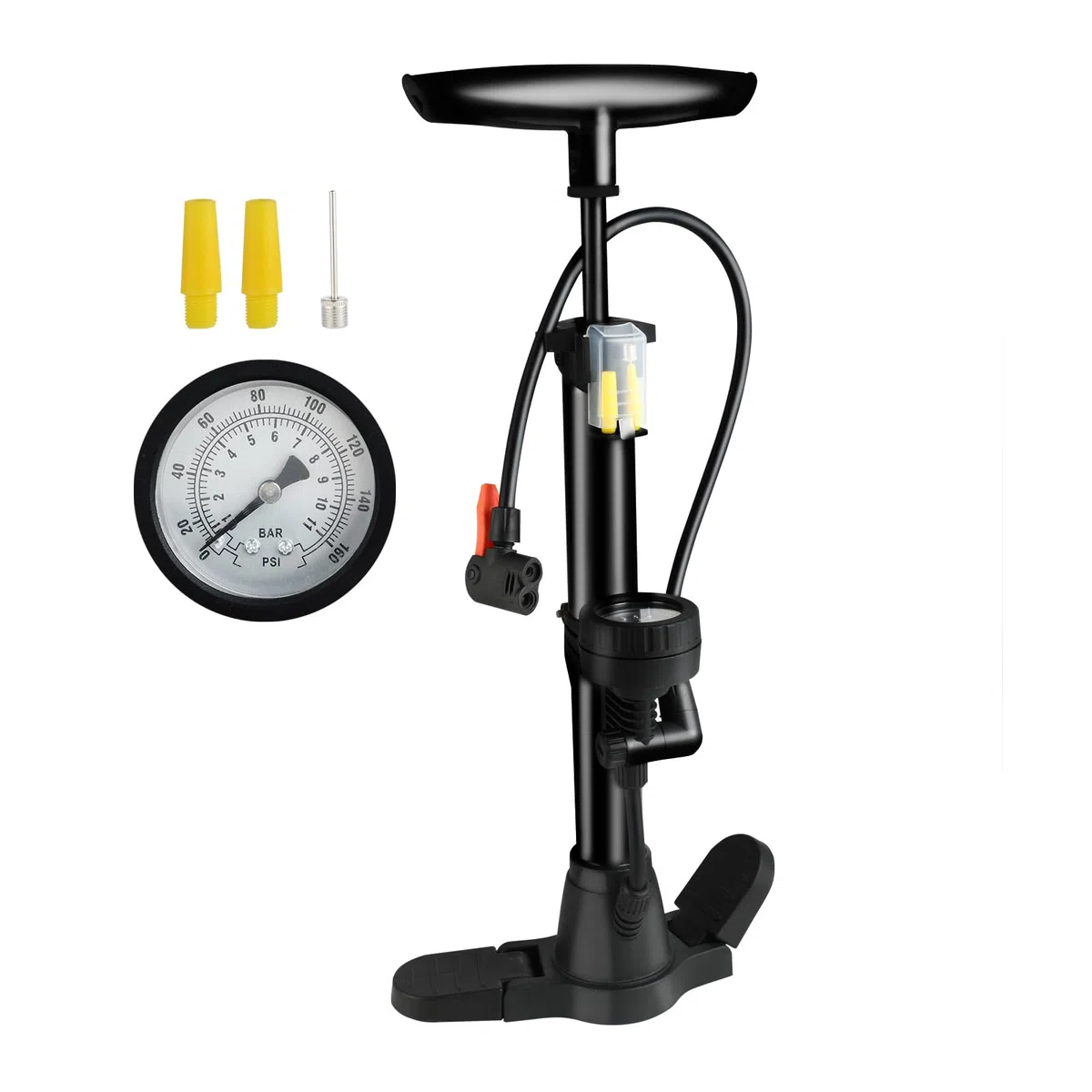 Bomba Bicicleta - Bomba de Pie con Manómetro 45cm - Material de Hierro Metálico - Alta Presión 160 PSI - Adecuada para Bicicletas de Carretera, E-Bikes, Mountain Bikes y Equipos Deportivos (Negro)