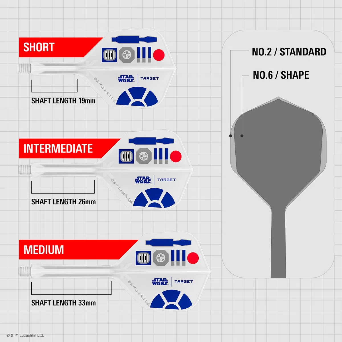 Target Darts Star Wars R2-D2 K Flex Integredas Dardos Vuelos & Ejes | R2D2 Paquete de 3 K-Flex, N.º 2 & N.º 6 | Corto, Intermedio y Medio Disney K-Flex Accesorios