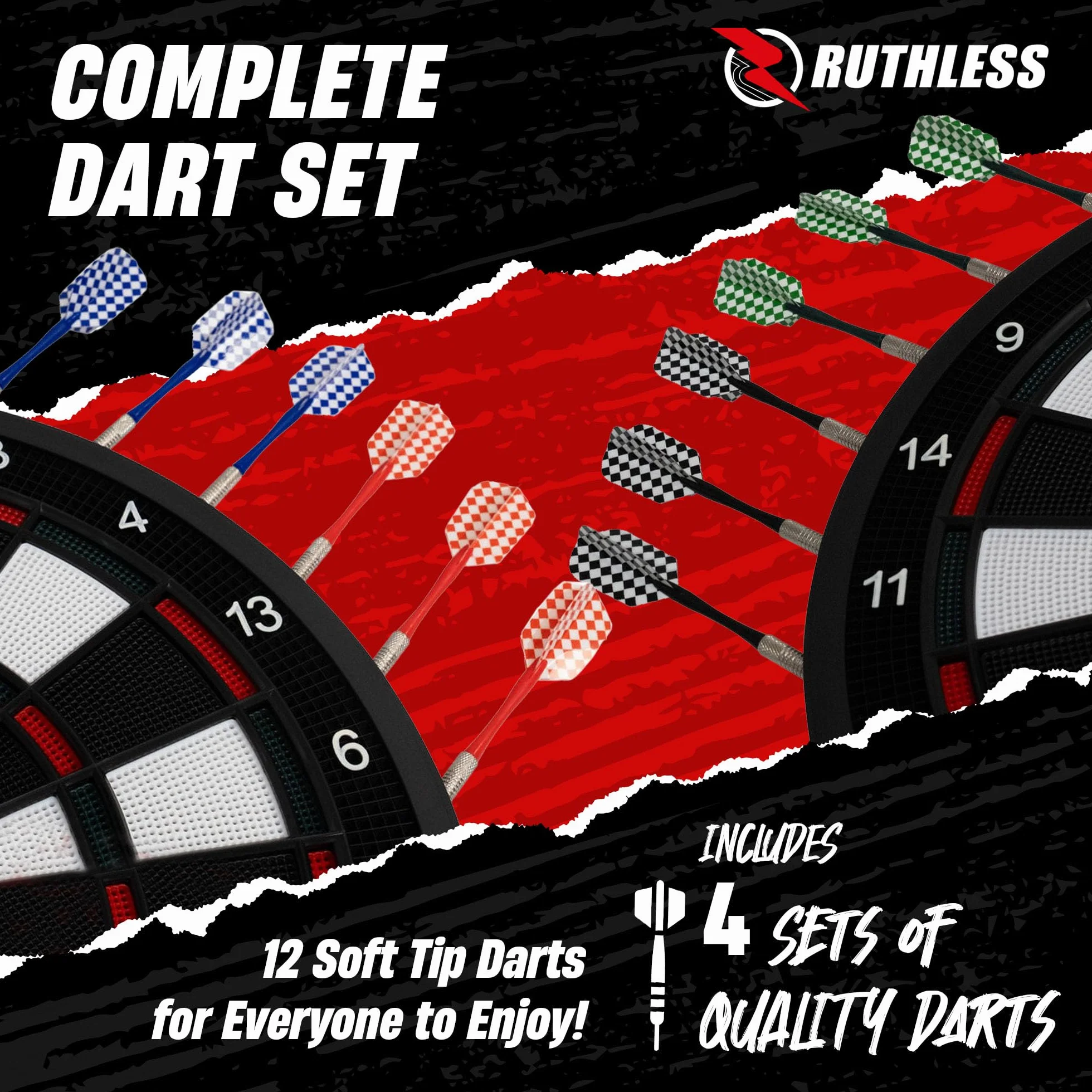 RUTHLESS | Tablero de dardos electrónico R600 de Ruthless | Punta suave | 4 juegos de dardos | 8 jugadores | 27 juegos.