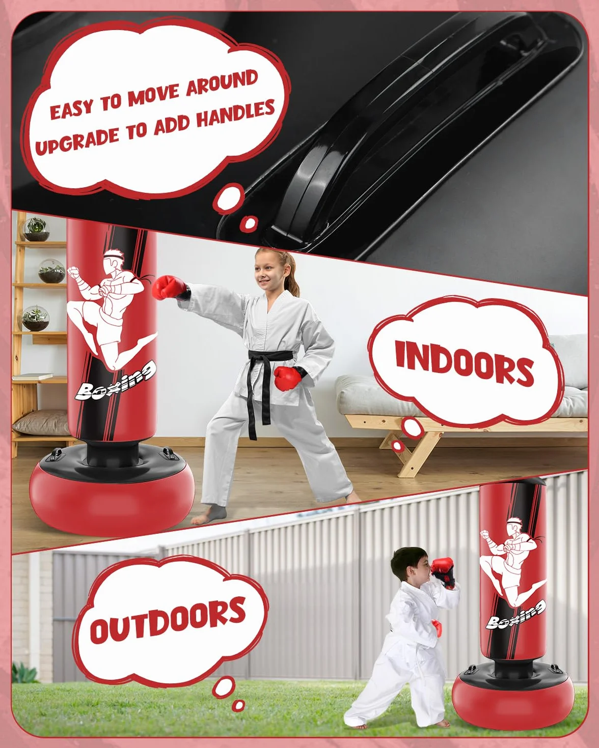 Saco de Boxeo 165cm Inflable niños con Guantes de Boxeo para la práctica de MMA Karate Taekwondo y para aliviar la energía Pent Up
