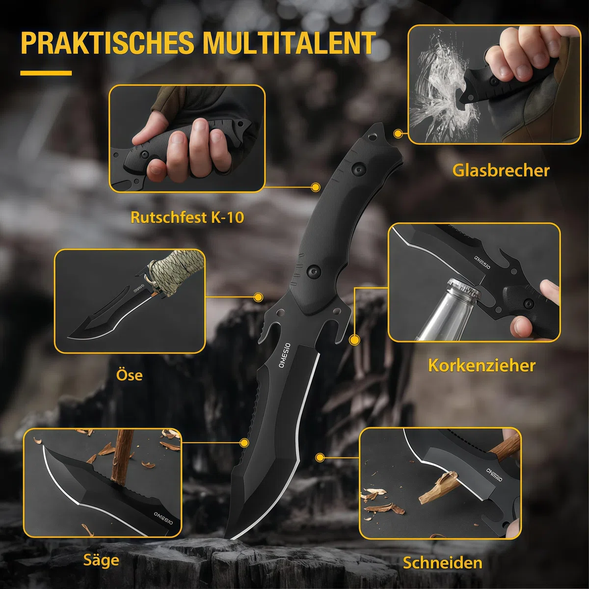 Omesio Cuchillo de caza Cuchillo de supervivencia Outdoor Multifuncional Full-tang Supervivencia, Hoja de filo fijo, Negro (A-NOIR)