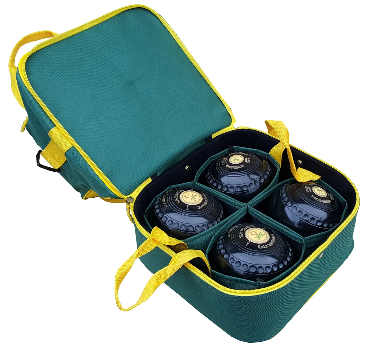 Acclaim Staple Nylon Cuatro niveles de césped plano verde alfombra corta taquilla Cuencos bolsa y portador de cuatro cuencos (botella verde/amarillo)