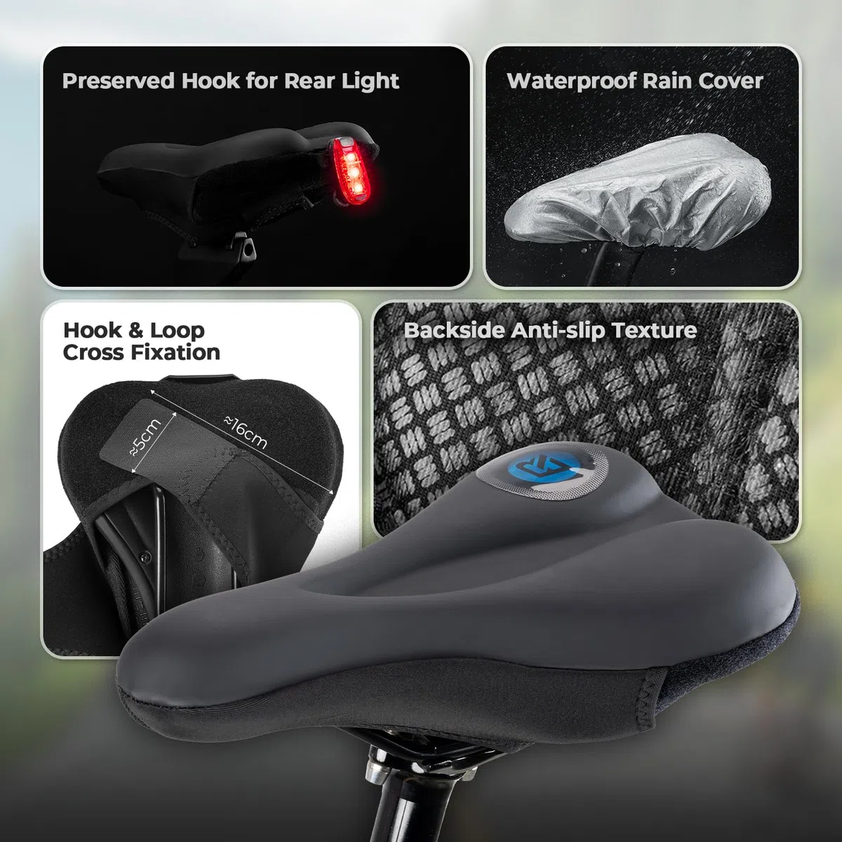 ROCKBROS Sillín Cubre Bicicleta Gel con Funda Impermeable, Cojín de Asiento Suave para Bicicleta de Montaña y Carretera, 28 x 17,5cm