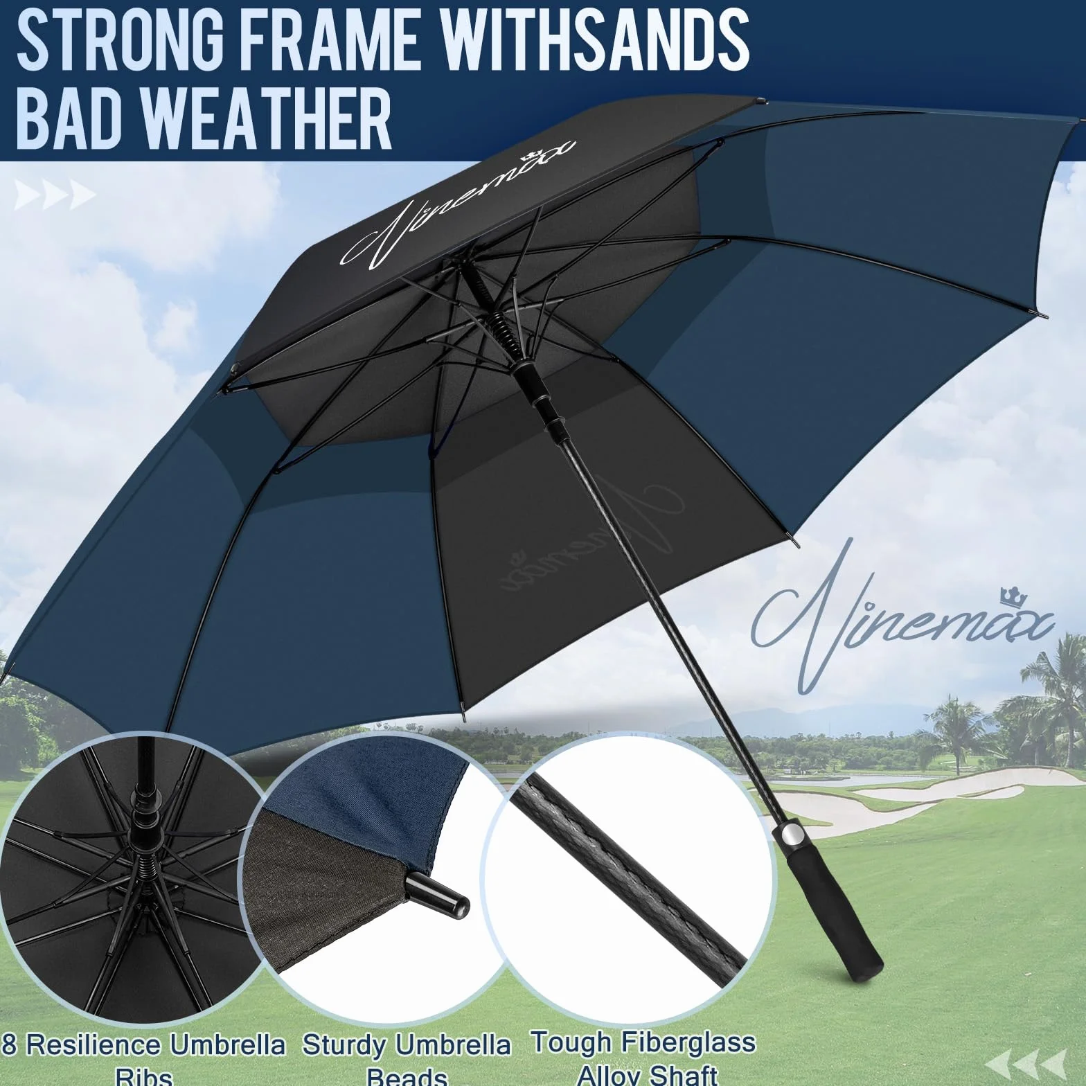 NINEMAX Paraguas Grande Antiviento, Paraguas Golf Grandes XL/XXL, Umbrella Extra Grande Resistente Al Viento Fuerte para Mujer Hombre