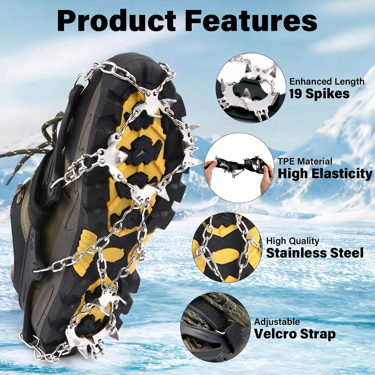 19 Dientes Crampones,Crampones para Botas,Tacos de Hielo Tracción con Cadena de Acero Inoxidable Antidesilisantes,para Caminar, Senderismo, Escalada, Pesca y Montañismo