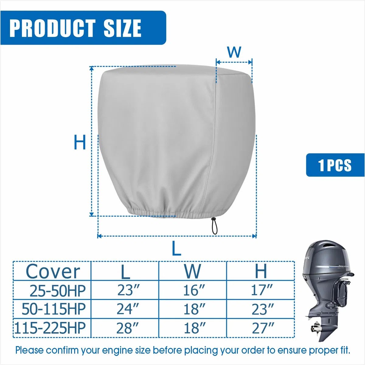 CoCo Cubierta para Motor de Exterior, 600D, Resistente al Agua, Remolque, Cubierta de Motor, Universal para Mercury, Yamaha, Suzuki, Evinrude. Gris