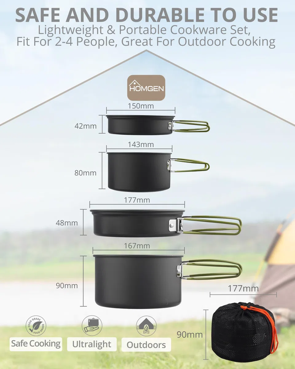 HOMGEN Juego de Utensilios de Cocina para Camping, ollas y sartenes de Aluminio, Kit de Utensilios de Cocina portátil, Equipo de Cocina Ligero para 2-3 Personas