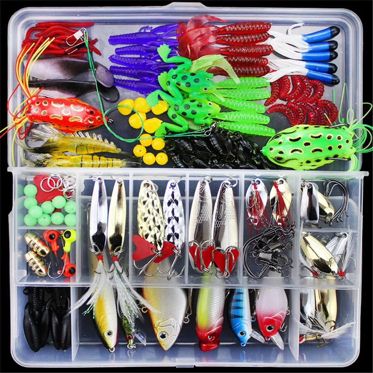 RoseFlower Kits de señuelos para Pesca Cebos Artificiales de Pesca Cebo Duros/Suaves Incluye Ranas, Giratorios, Cuchara, Manivela Anzuelos - Pesca Accesorios para Pesca de Trucha, Bagre y Lucio