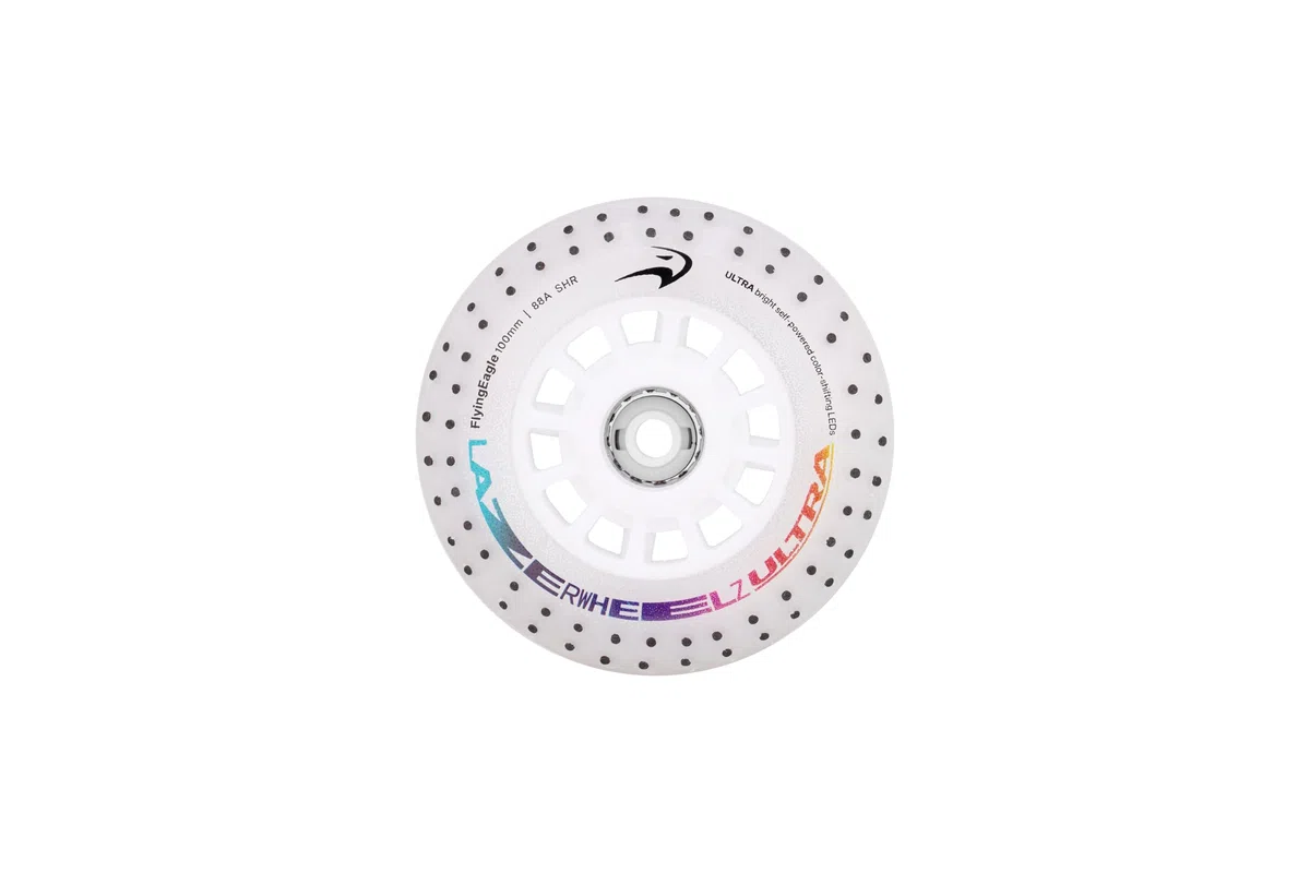 Flying Eagle LazerWheelz Ultra - Ruedas de patinaje en línea con luz LED para interiores/exteriores, paquete de 6 ruedas de 100 mm con cambio de color + chispa, dureza 88A, luces LED para reemplazo de