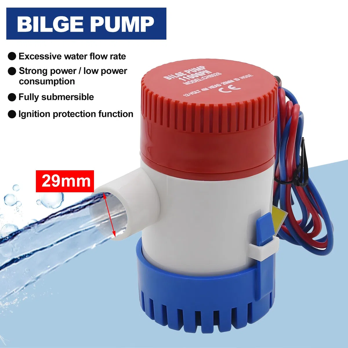 KAOLALI Bomba de Achique 12V 1100 GPH Bomba Sumergible 29 mm Marina Eléctrica Bomba de Agua para Barcos Marinos Yates