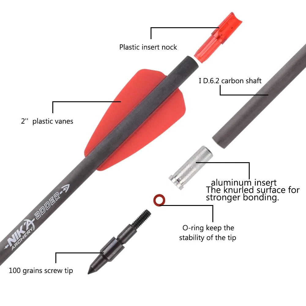 12 piezas de pernos de ballesta de carbono de 7.5 "para flechas de tiro con arco del sistema Cobra Adder de ballesta, flechas de caza con flecha de 2" con punta de punta de flecha de repuesto