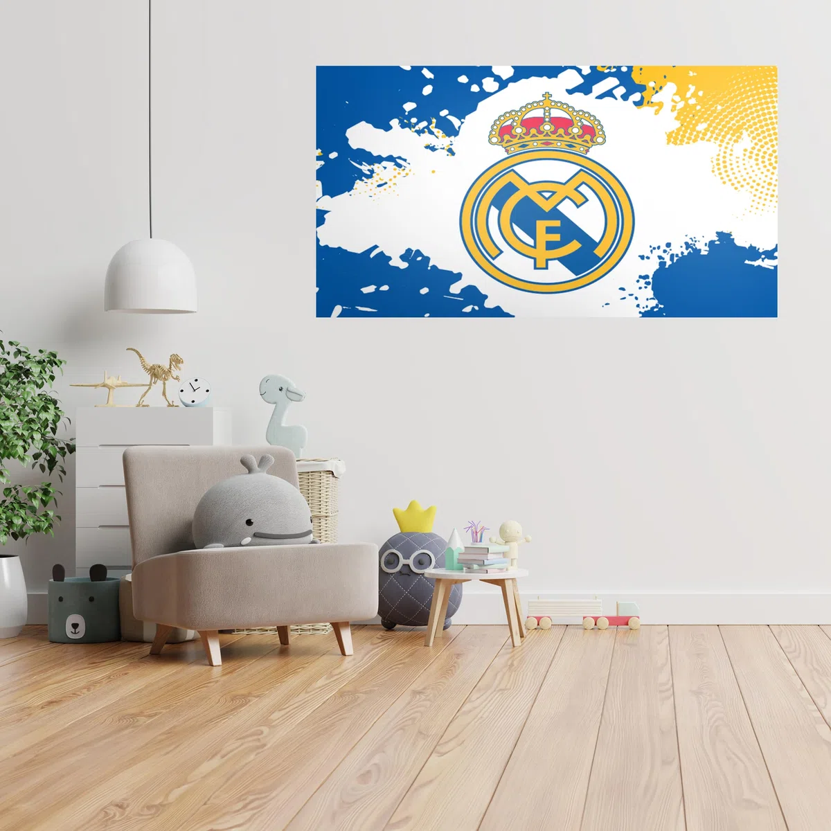 Adhesivo de pared de vinilo del Real Madrid – Grande (120 x 70 cm) – Escudo completo en salpicaduras de color