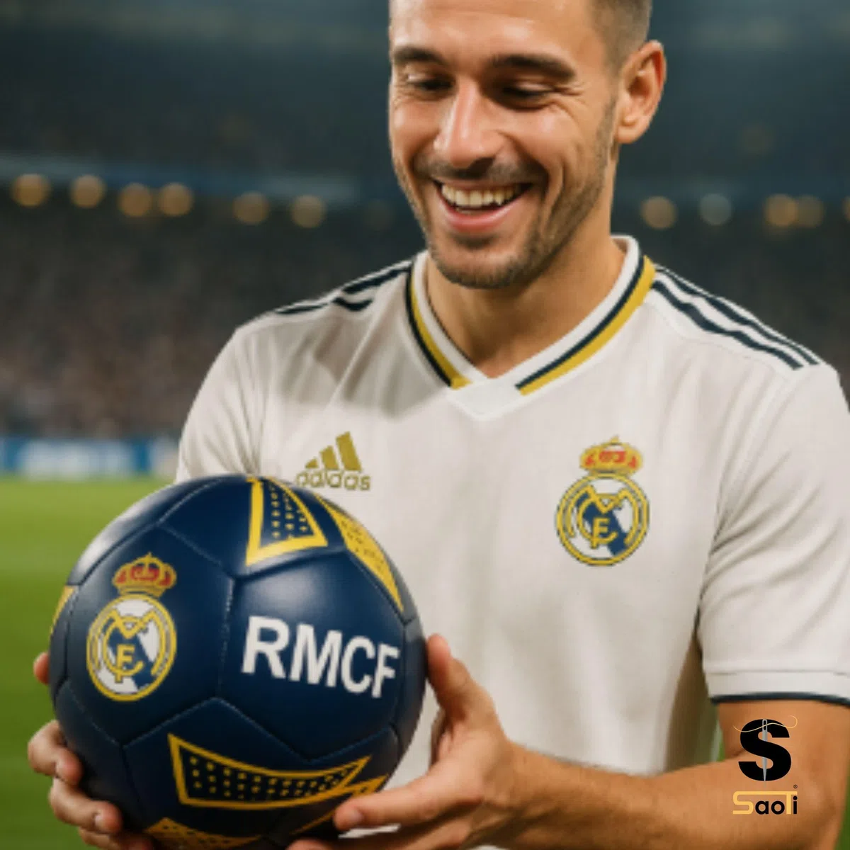 SaoTi Balon Futbol Talla 5 Diseño Inspirado en Club de Madrid Azul y Dorado - Balones de Futbol Resistentes Cosidos a Máquina - Pelotas Futbol Entrenamiento Adulto Niño Escudo RM