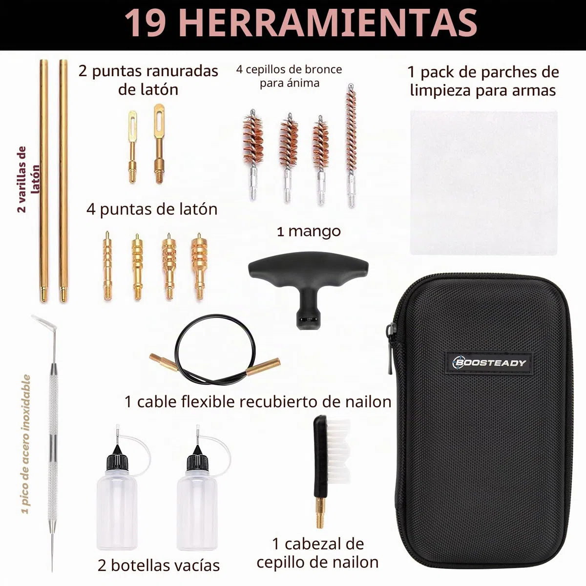 BOOSTEADY Kit de limpieza universal de pistola de calibre .22, .357, .38, 9 mm, kit de limpieza de pistola de calibre .45, cepillo de bronce y adaptador de jag de latón