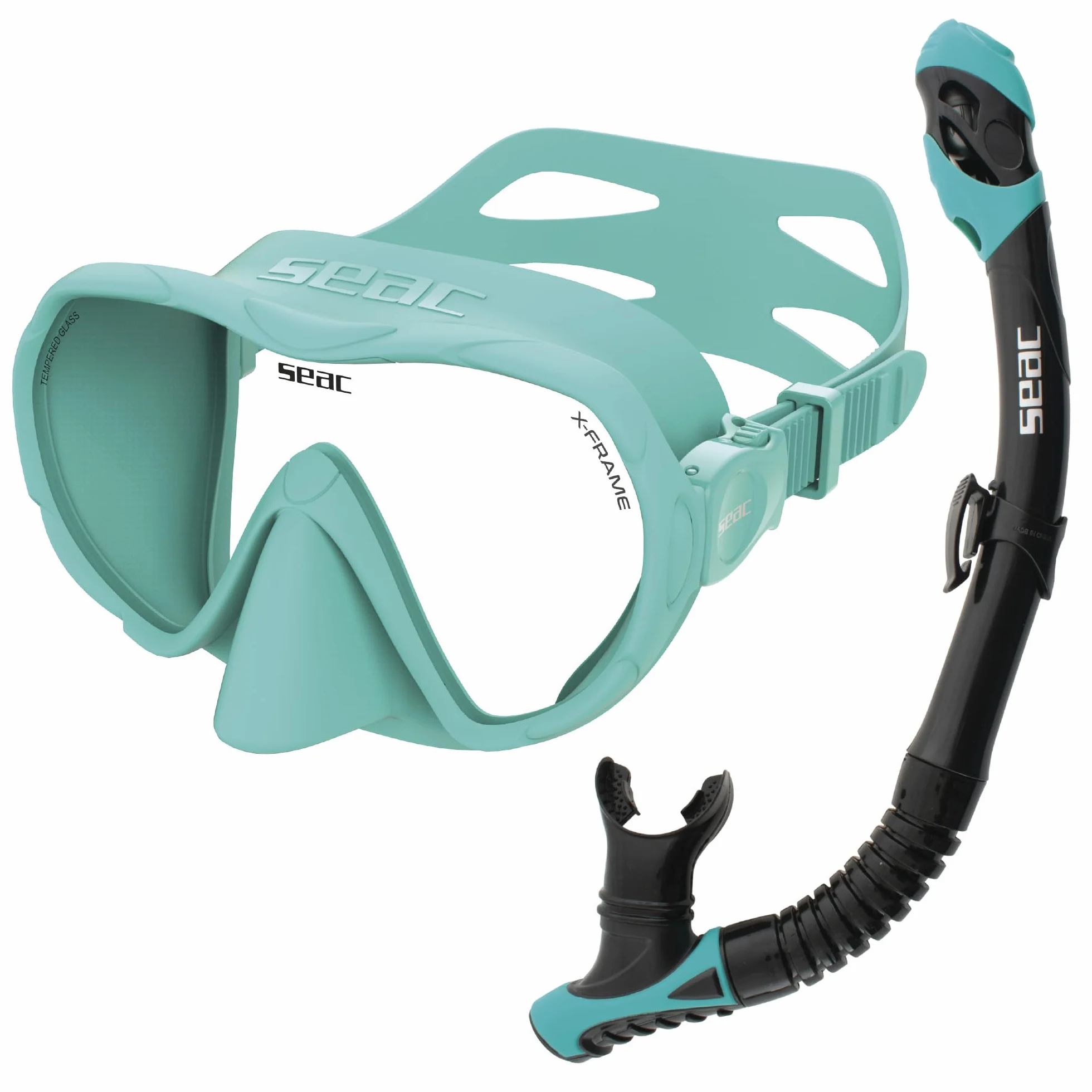 SEAC Set bis X-Frame Dry - Set de Snorkel para Adultos con Máscara sin Marco Monolente de Vidrio Templado y Tubo Dry Top | Silicona, Válvula de Purga y Boquilla Ergonómica para Buceo y Snorkel