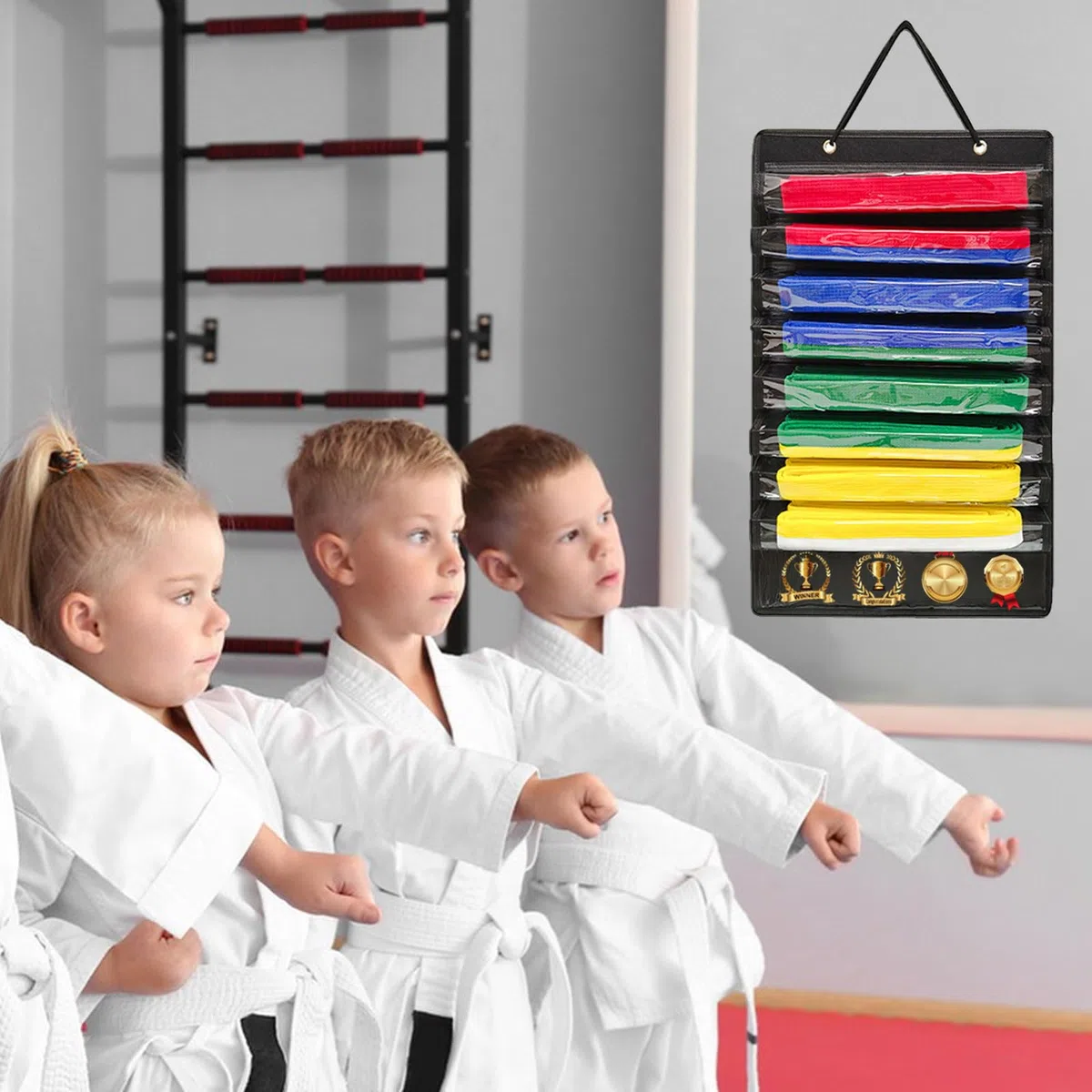 Organizador de cinturones de artes marciales, exhibición colgante de cinturón de karate con capacidad para 8 estudiantes de cinturones de karate, soporte de exhibición de cinturón de