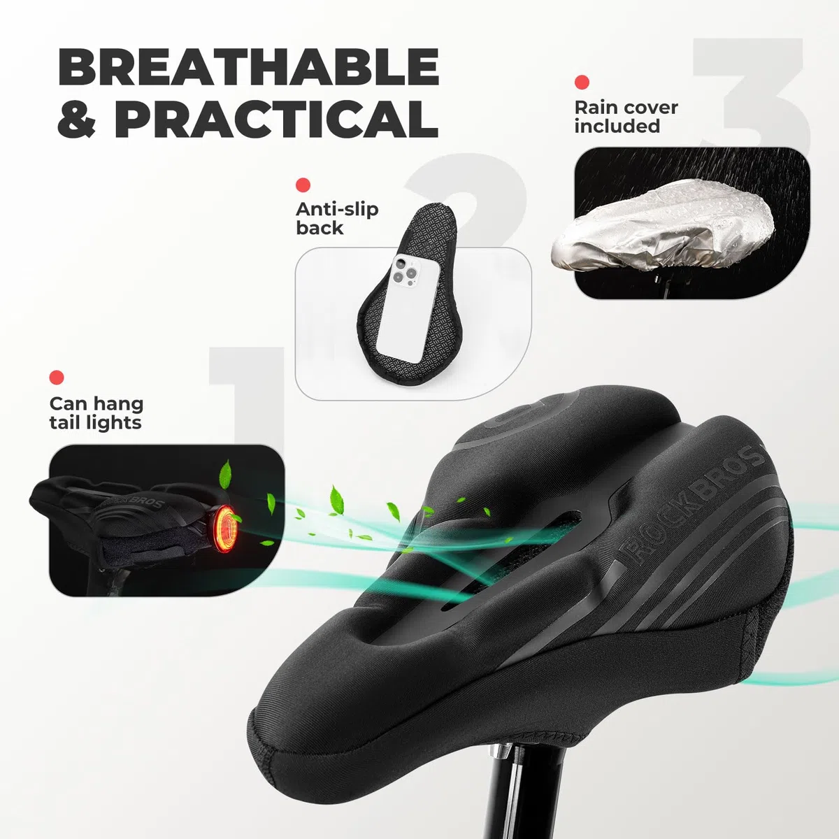 ROCKBROS Sillín Cubre Bicicleta Gel para Hombre Mujer, Cojín de Asiento de Bicicleta con Funda Impermeable, Sillín Cojín Suave para Bicicleta de Carretera y Montaña
