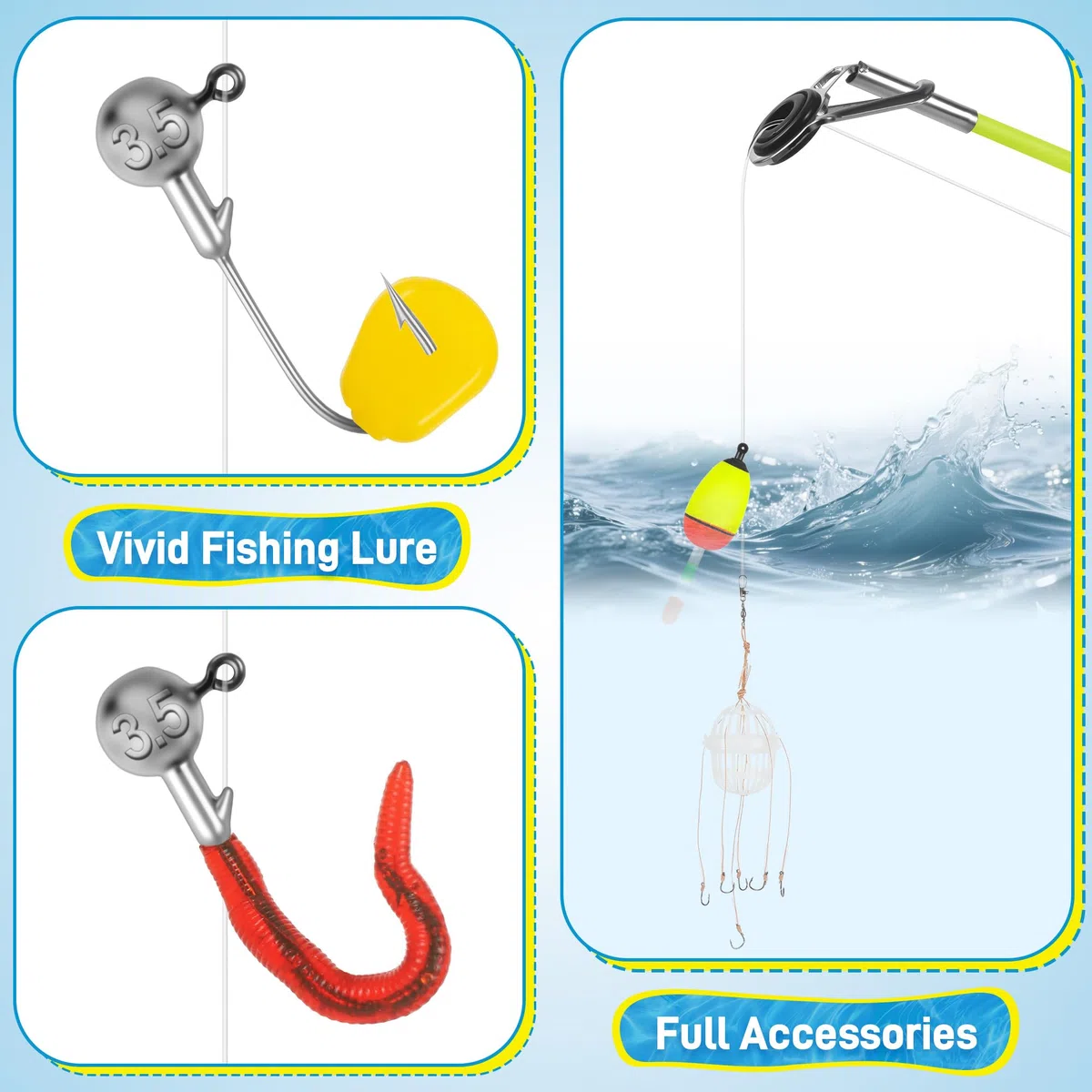 Set de Pesca para Niños, Portátil Cañas de Pescar para Niños Incluyendo Bolsas de Gancho de Alambre de Cebo Suave, Juego de Iniciación con Carrete y Cebo Regalos para Niños y Niñas Principiantes