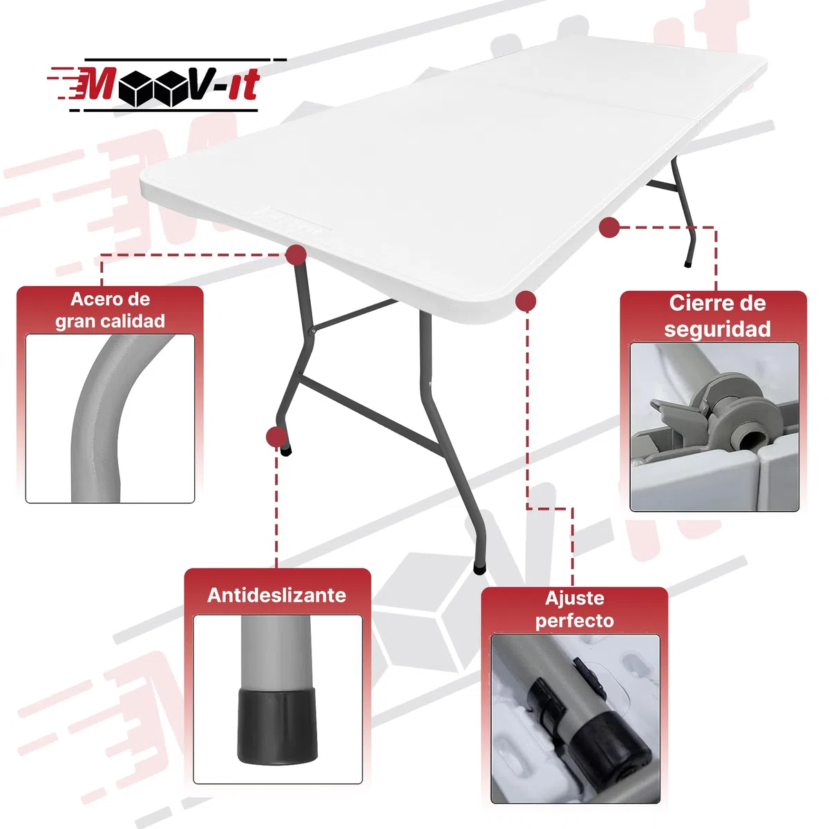 Mesa catering plegable y portátil auxiliar rectangular. 180 x 70 cm – Para 6 personas y 150Kg. Para comedor, salón, camping, escritorio, cocina, jardín, camilla… Exterior e interior. Resina y acero