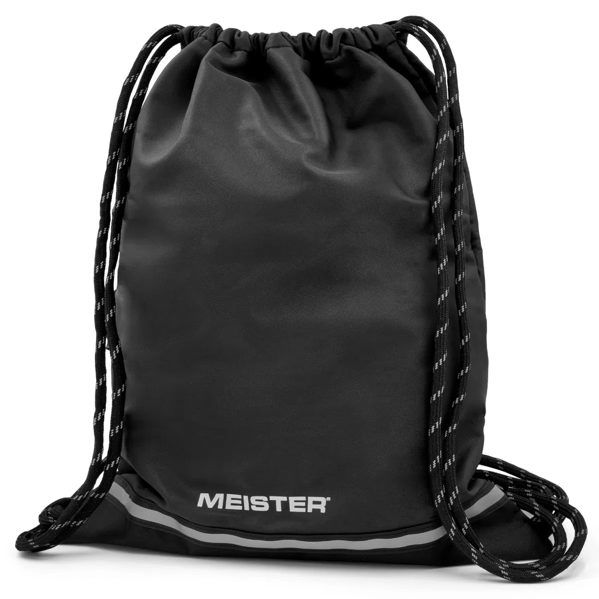 Meister Mochila XL con Cordón - Bolsa de Cuerda Impermeable para Gimnasio - Negra/Reflectante | Bolsillo externo con cremallera y accesorio interno con detalles reflectantes para mayor visibilidad