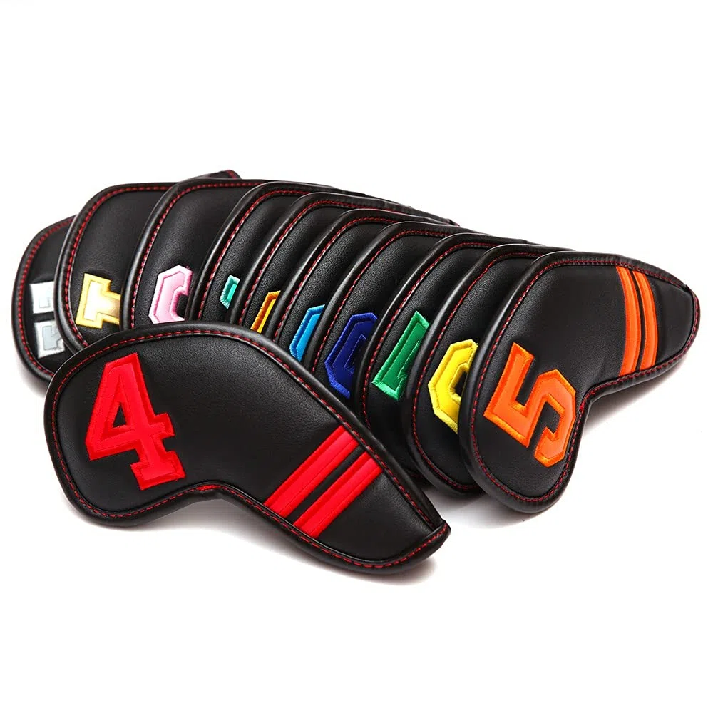 Cubiertas de cabeza de hierro de golf de cuero sintético negro con números coloridos, 11 piezas/juego de cuñas 4-9 ASPX