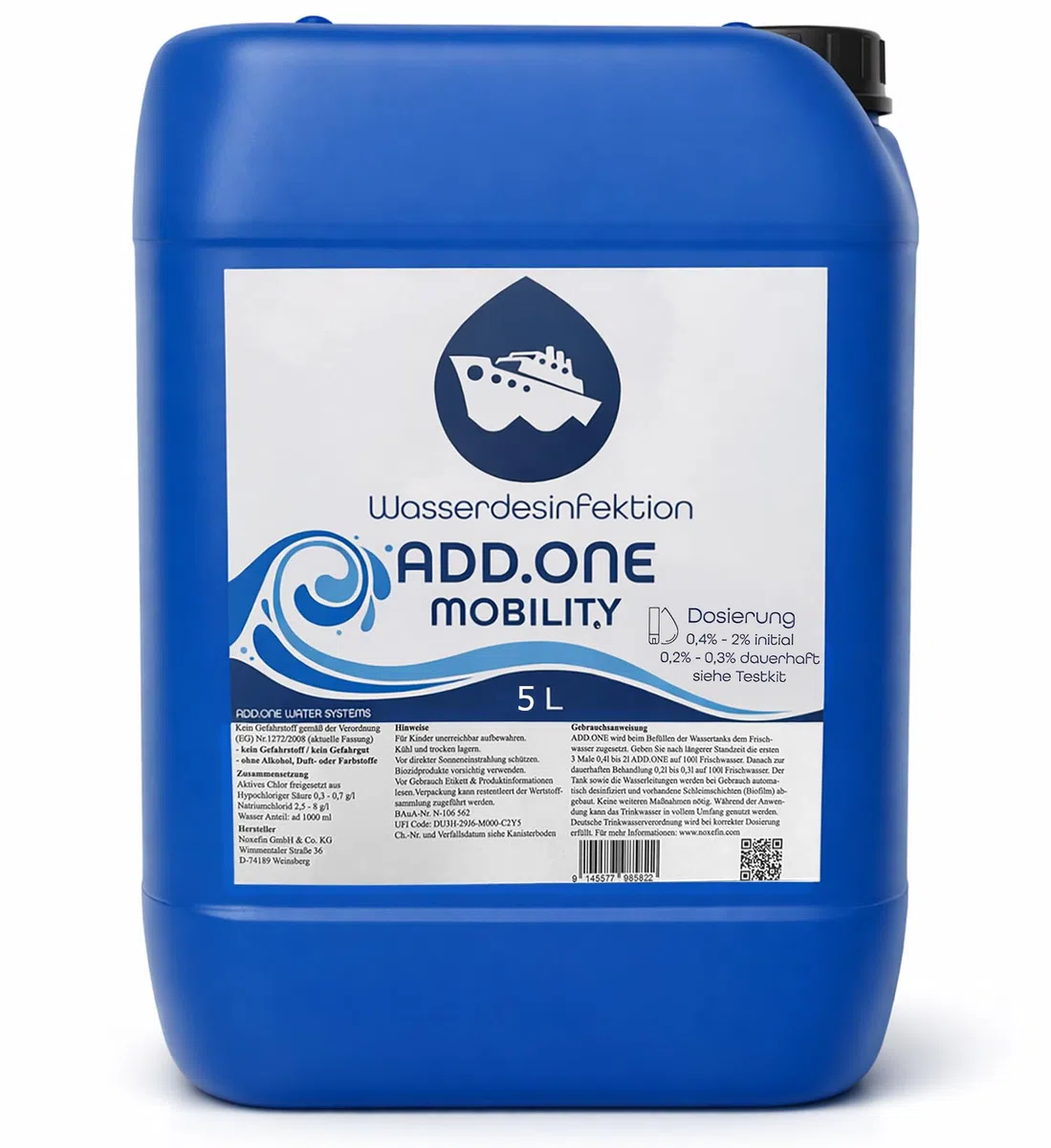 ADD.ONE Bidón desinfectante de agua potable de 5 litros para 1500 litros de agua para caravanas, camping, exteriores, animales y barcos
