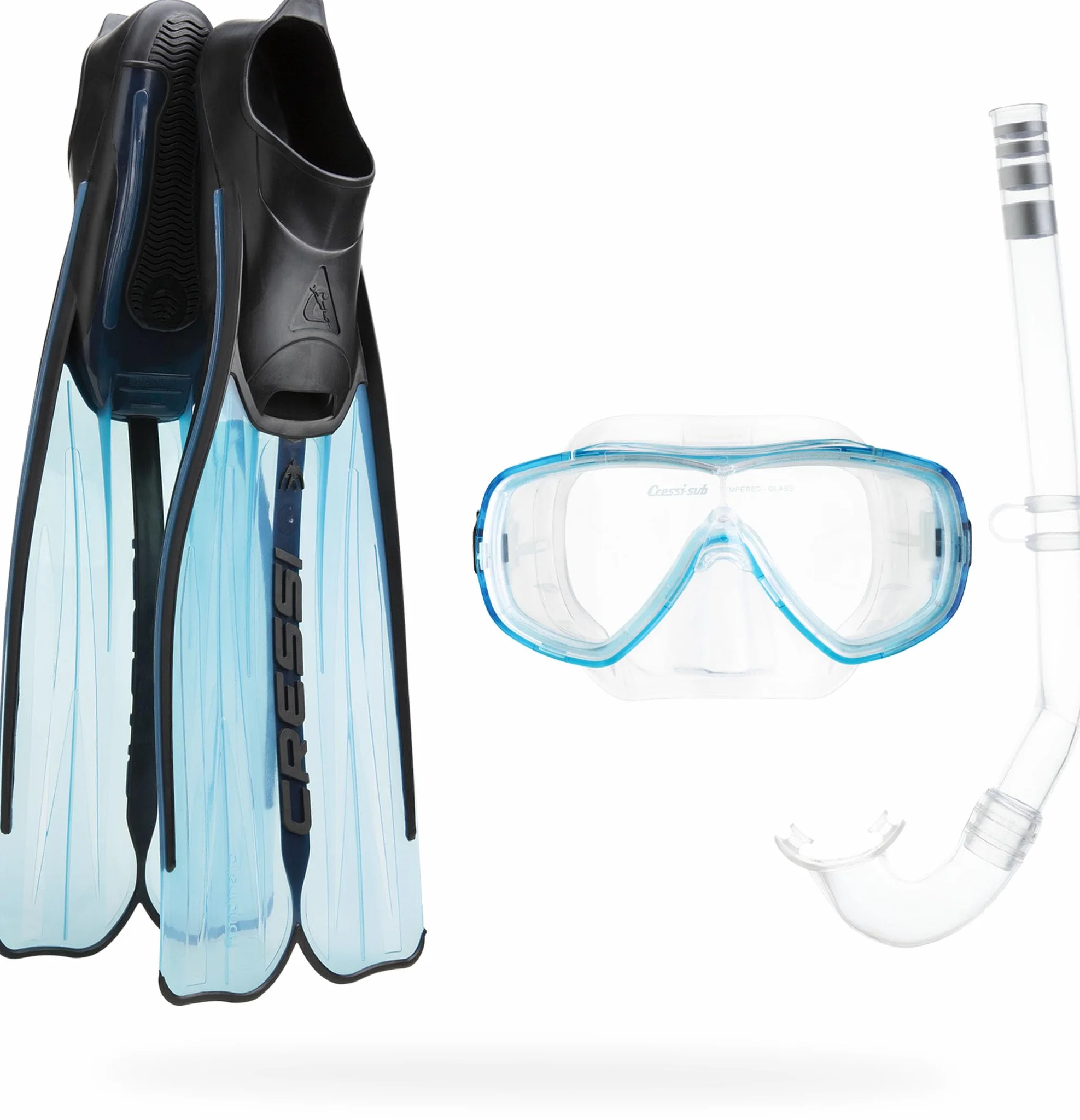 CRESSI Rondinella Bag Set Aquamarine - Conjunto de Snorkeling Unisex Compuesto por Aletas Rondinella+Máscara Onda y Tubo Gringo, Aguamarina