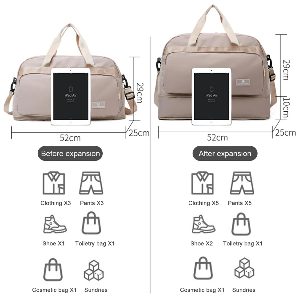 Bolsa de Gimnasio Deporte Mujer Grande, Expandible 37,7 L a 50,7 L, con Bolsillo Húmedo, Bolsa de Viaje Deportiva de Fin de Semana con Correas, Bolso Weekend Equipaje de Mano Ligera