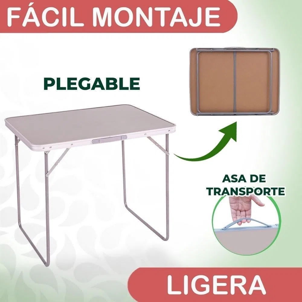 LOLAhome Mesa Plegable Camping y Playa 80x60x70 cm, Mesa Picnic portátil con asa Transporte, Patas Plegables Acero, Tablero MDF Aspecto Madera Nogal, Gris, antivuelco y compacta.