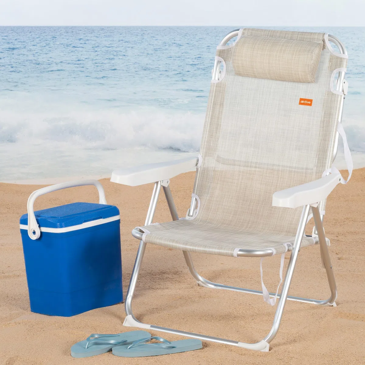 AKTIVE 62641 - Silla de Playa Plegable Antivuelco Crema, Reclinable 5 Posiciones, Resistente y Ligera con asa de Transporte y cojín, Peso máx. soportado 110Kg., Medidas 48x60x90cm, Sillas de Playa