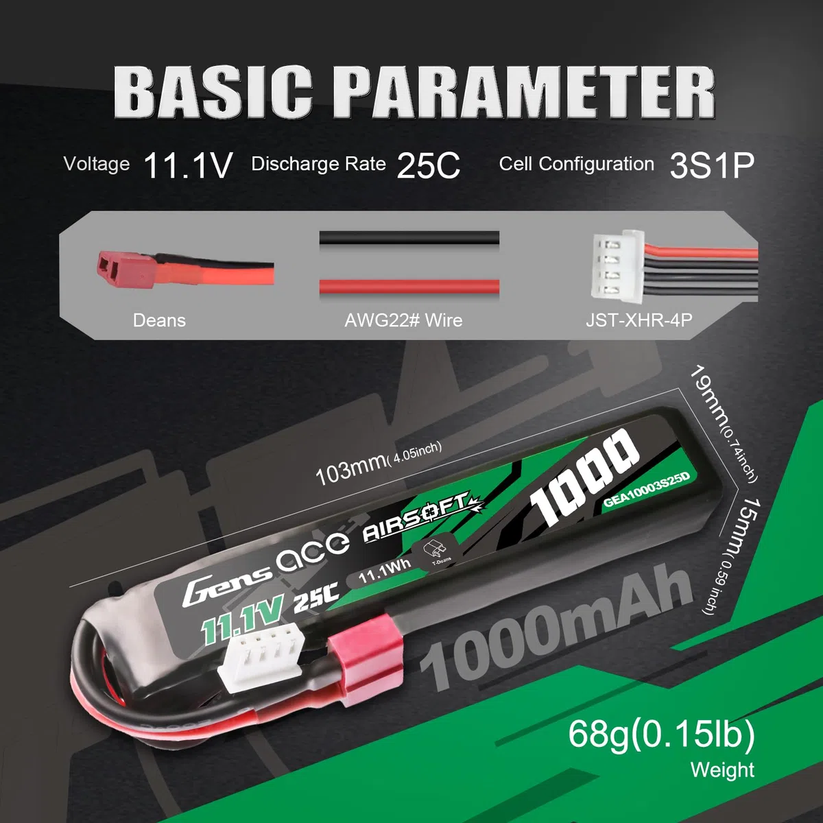 Gens Ace Batería LiPo 11,1 V 1000 mAh 25C 3S1P con Conector Deans (T-Deans), Compatible con Réplicas de Airsoft AEG