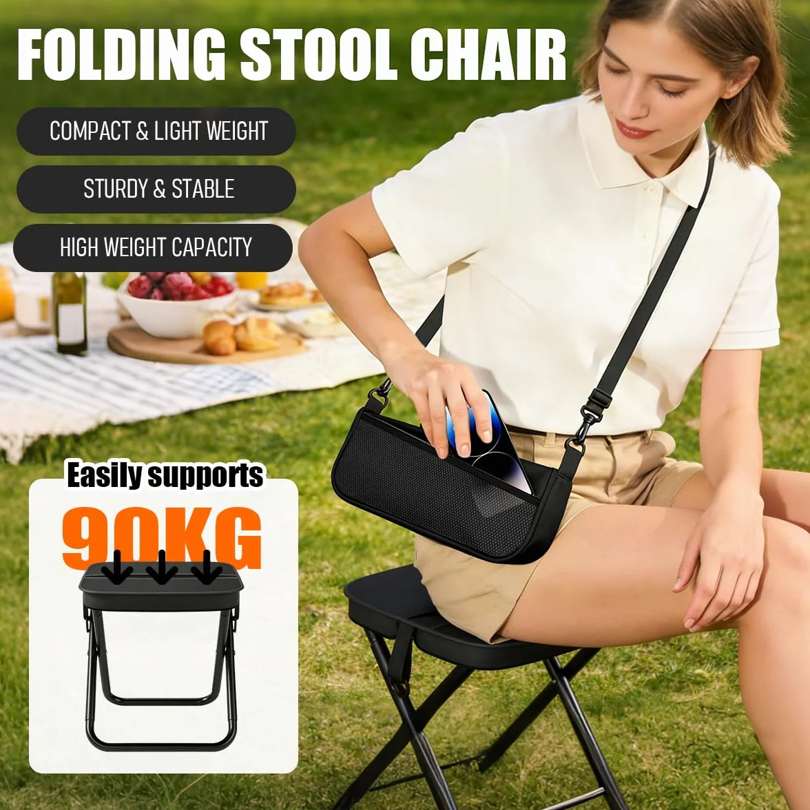 Taburete Plegable Portatil Exterior, Taburete Plegable Camping Pequeño Con Malla y Correa, Mini Sillas Plegables para Acampar al Aire Libre para Interiores y Exteriores Camping Senderismo (Black)