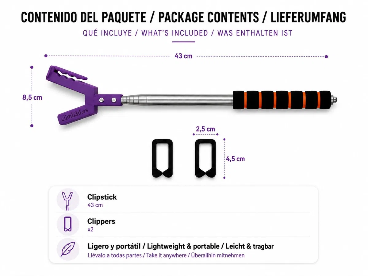 Climb3D Clipstick – Extensor de Escalada Impreso en 3D, Ultraligero y Compacto (3 m Extensible, 43 cm Plegado, 180 g)