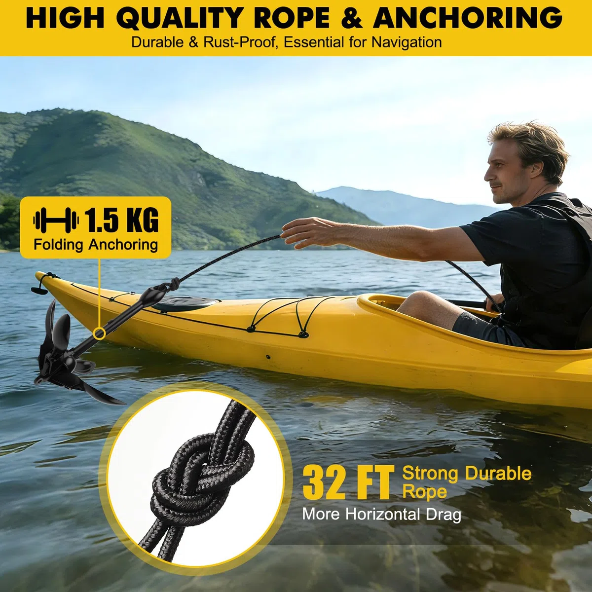 Anclaje de Barco de 1.59 kg, Ancla Plegable, Kit de Ancla Barco Pequeña con Cuerda Flotante de 10m, una boya de Bola y una Bolsa de Almacenamiento, para Kayaks, Moto de Agua Jet, Canoas