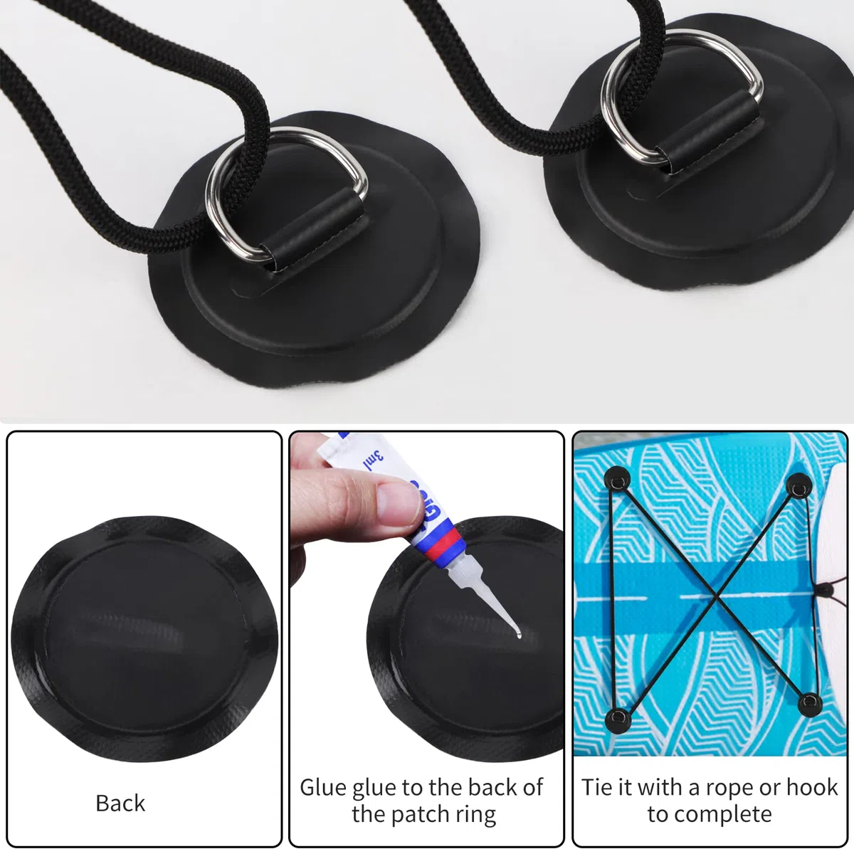 efuturetime 6 x Anillo de Acero para PVC Kayak Accesorios de Barco, D Pad Patch para Tablas de Surf, Kayaks y Piraguas, Negro