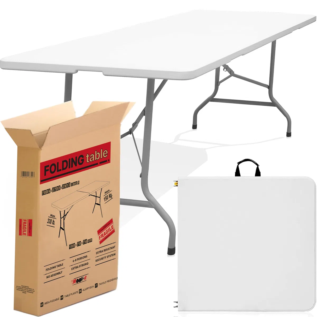 Mesa catering plegable y portátil auxiliar rectangular. 180 x 70 cm – Para 6 personas y 150Kg. Para comedor, salón, camping, escritorio, cocina, jardín, camilla… Exterior e interior. Resina y acero