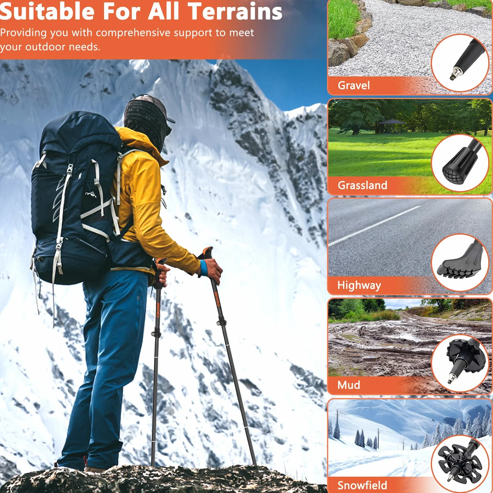 2Pcs Bastones Trekking Plegables, Bastones de Senderismo de Aluminio 7075, Palos Senderismo, 108-135CM Ajustable Bastones Marcha Nordica, con 5 Pares de Topes de Goma, para Senderismo Viaje