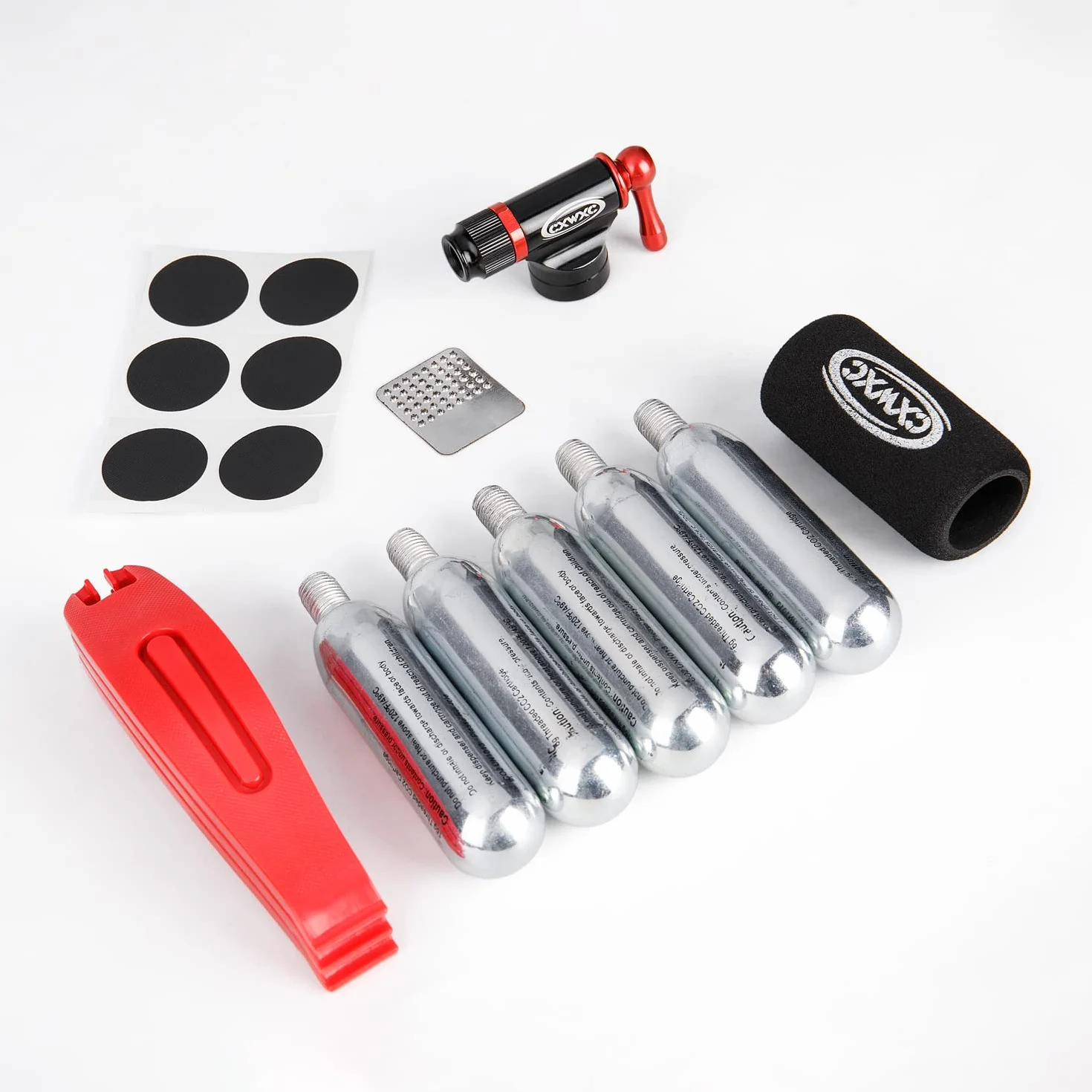 Kit de inflador de CO2 con 5 Cartuchos roscados de CO2 de 16 g - Compatible con válvulas Presta y Schrader - Bomba portátil de CO2 para neumáticos de Bicicleta con Multiherramienta