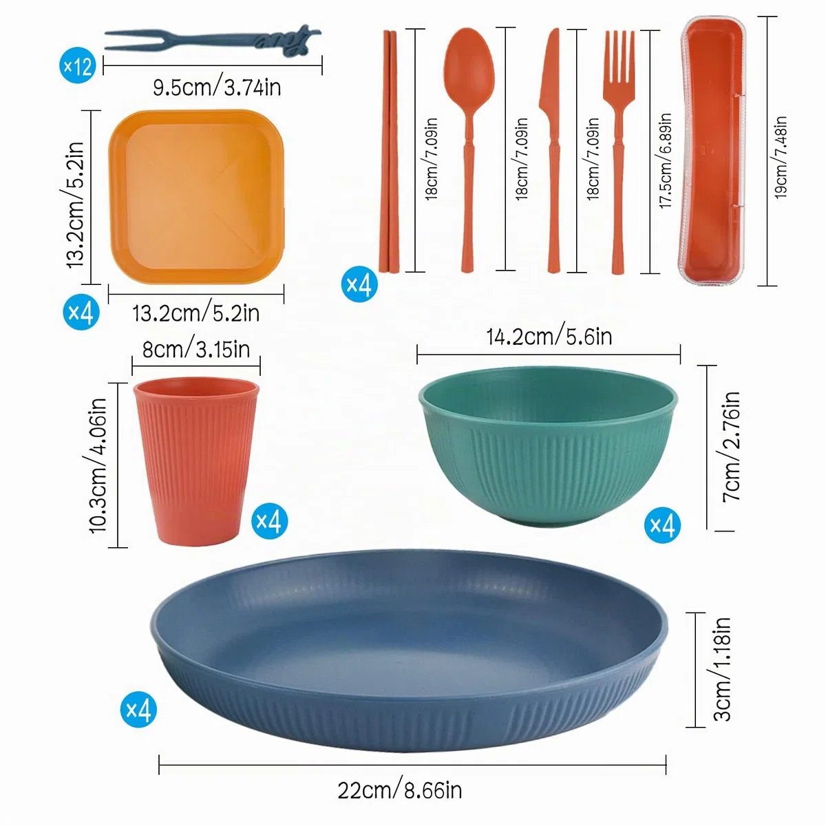 Vajilla Camping, 48 Piezas Platos Plastico Duro Reutilizables, Vajilla Picnic Contiene Plato Cuenco Cuchara Taza Cubiertos, Set Cocina Camping para Familia Al Aire Libre Viajes- 4 Personas
