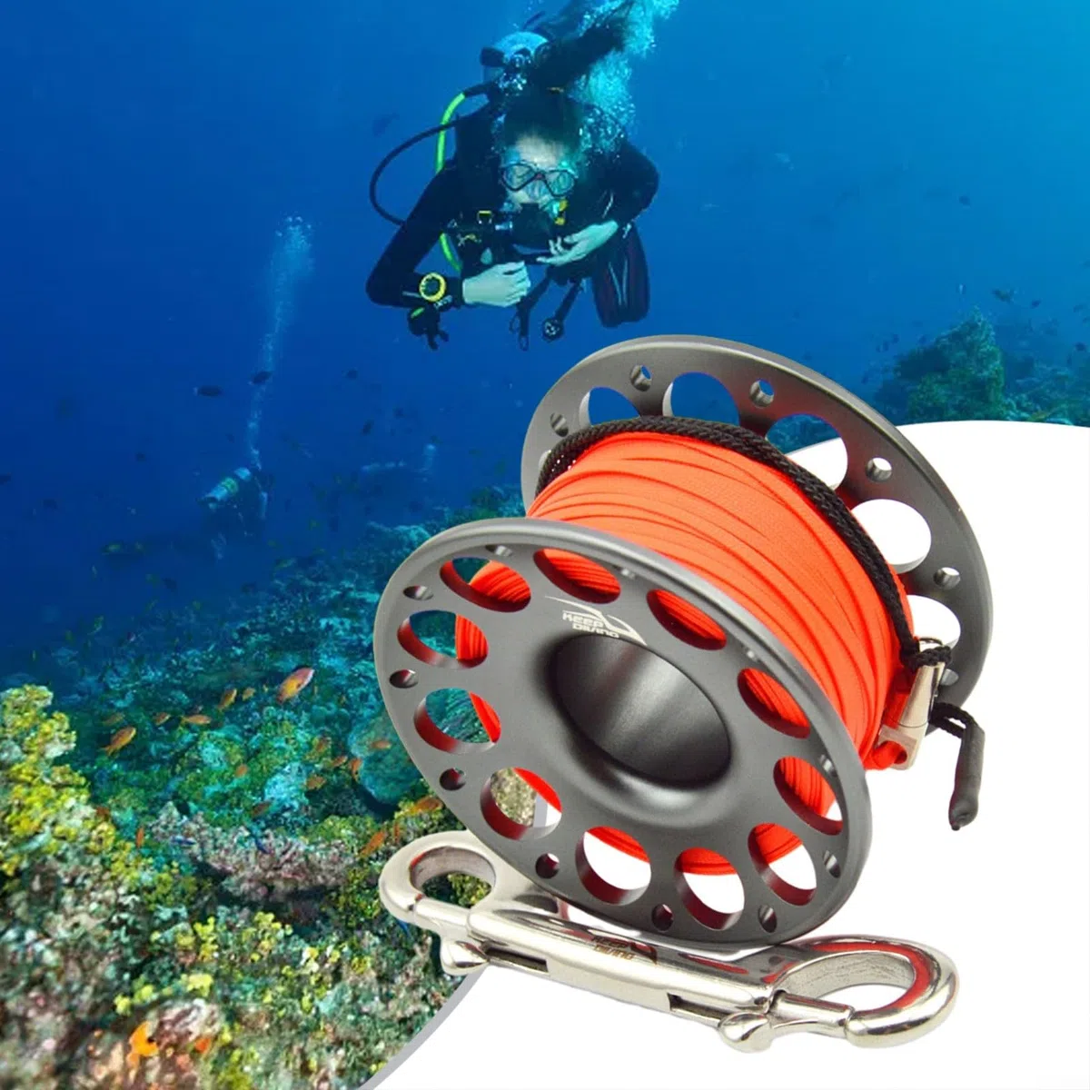 HpLive Carrete de Buceo de 30 m - Aleación de Aluminio y Acero Inoxidable Con Doble Gancho para Suministros de Buceo y Esnórquel Bajo el Agua