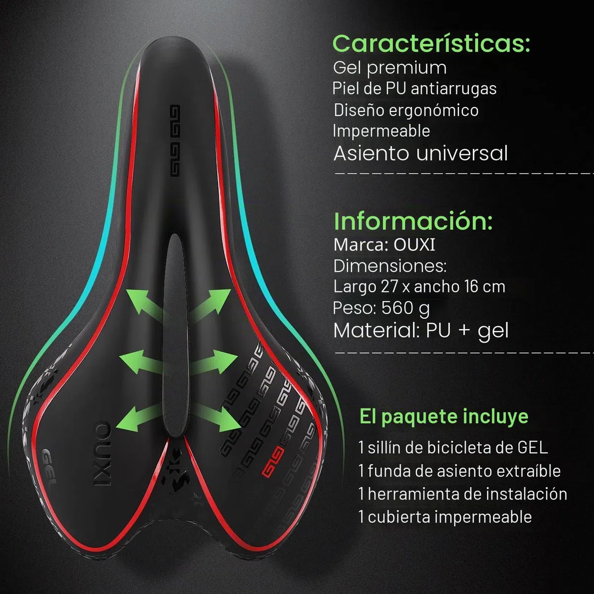 OUXI Sillín de Bicicleta de Gel, Cómodo y Ergonómico, Asiento de Bicicleta de Turismo, Adecuado para Hombre y Mujer, Bicicleta de Montaña, Bicicleta Estática, City Dirt E