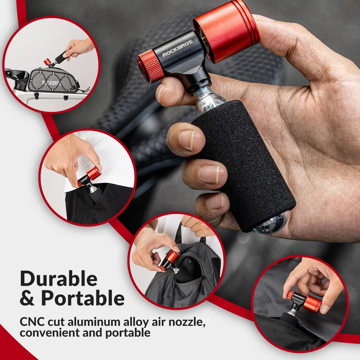ROCKBROS Inflador de CO2 con Funda Aislada con Manómetro Compatible con Válvula Presta y Schrader Bomba Bicicleta para Neumáticos