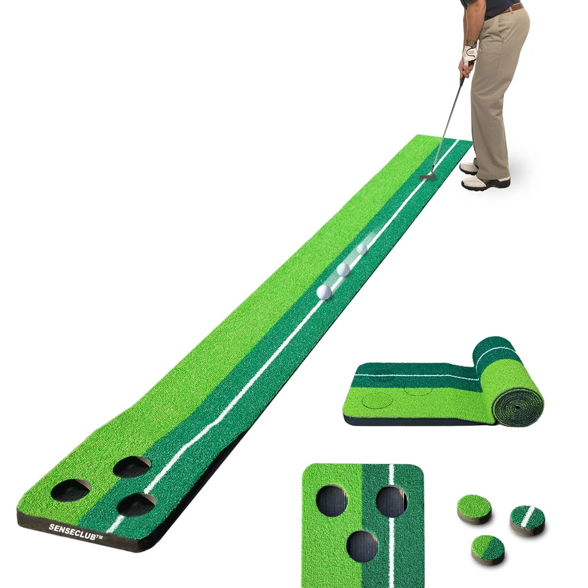 SENSECLUB - Juego de tapete de putting plegable verde para interiores, regalos de golf para hombres con sistema de recogida de bolas